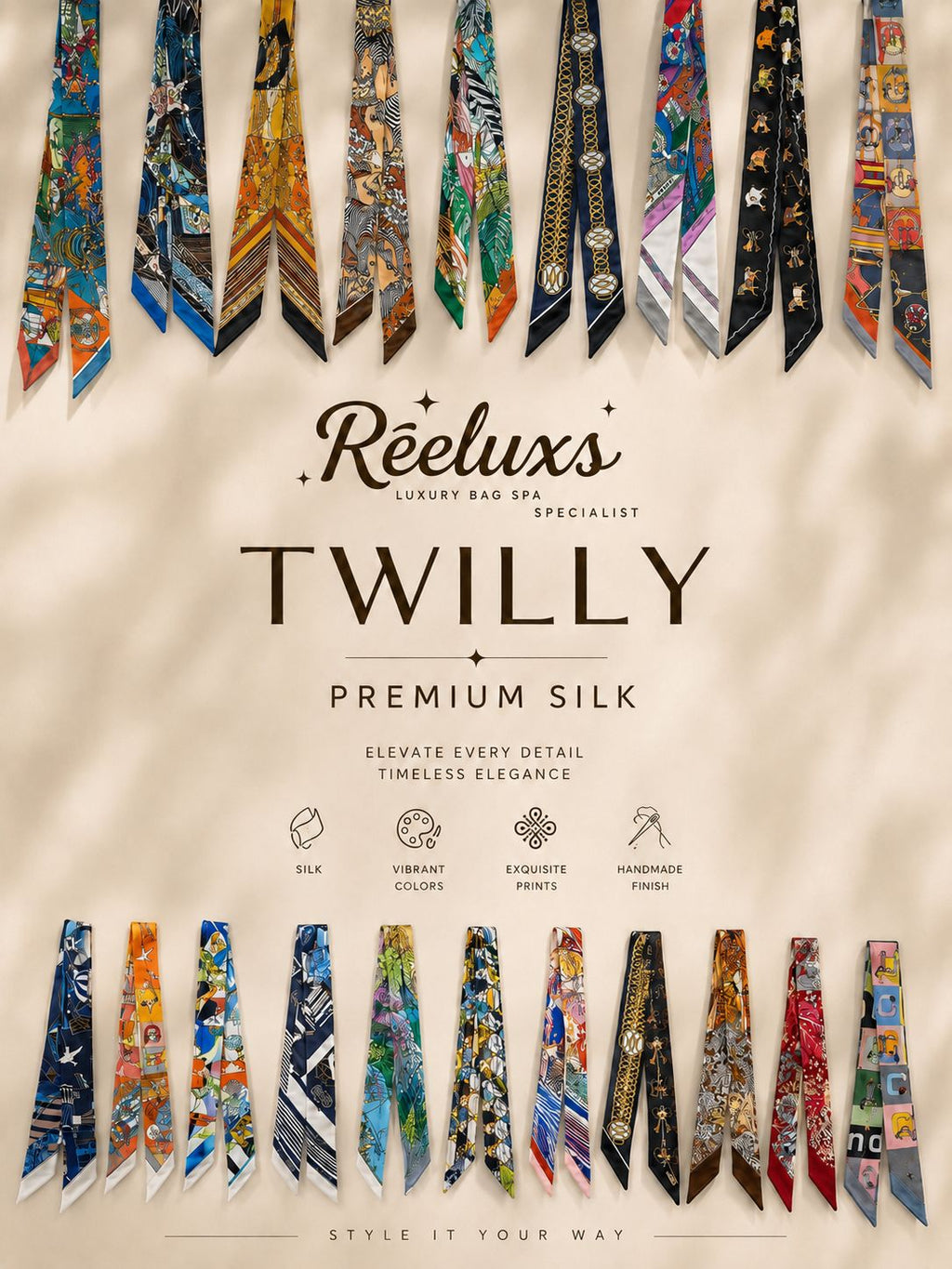 REELUXS Silk Twilly – Versatile Elegance in Every Thread