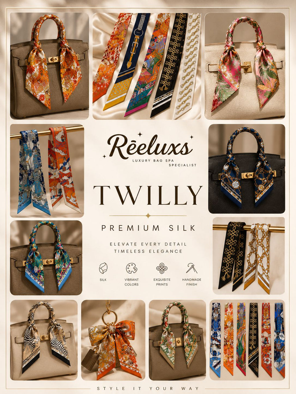 REELUXS Silk Twilly – Versatile Elegance in Every Thread