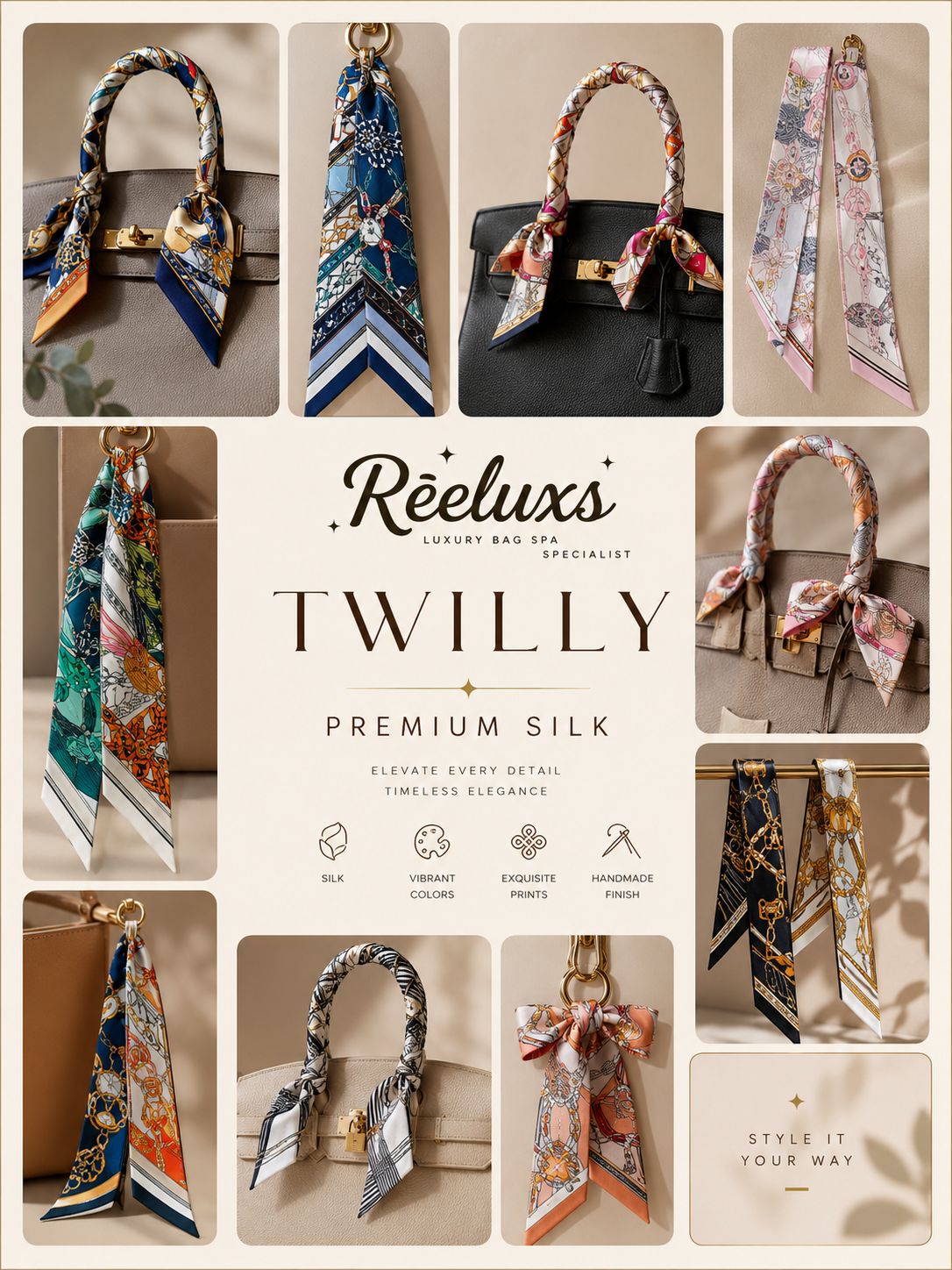 REELUXS Silk Twilly – Versatile Elegance in Every Thread
