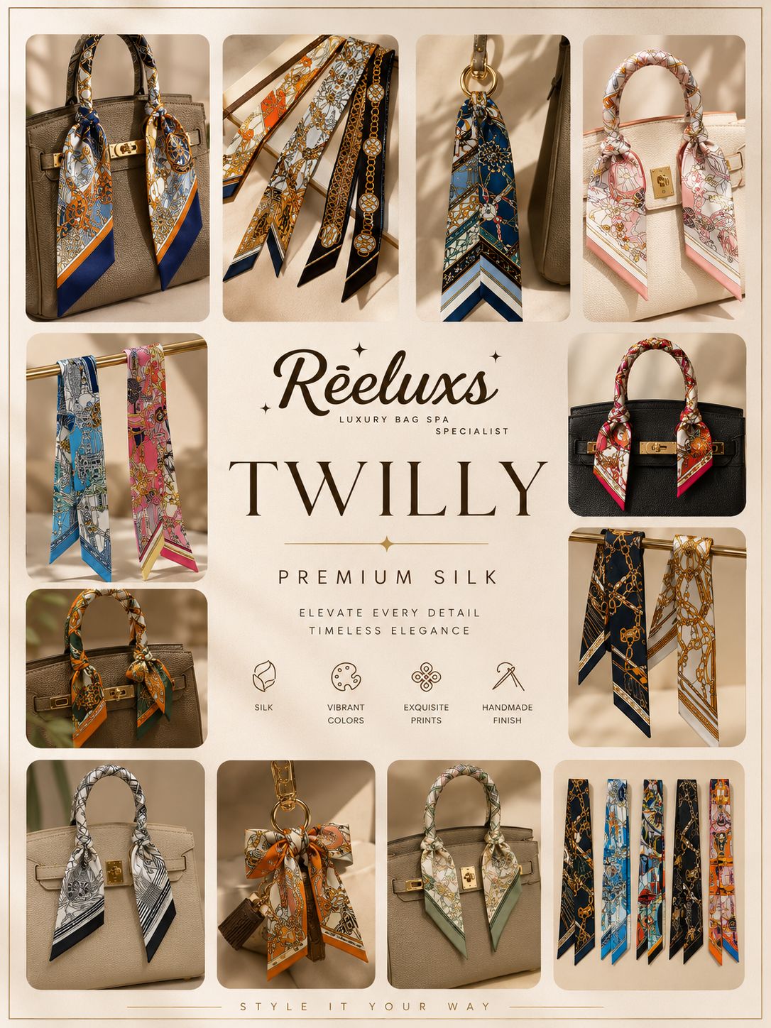 REELUXS Silk Twilly – Versatile Elegance in Every Thread