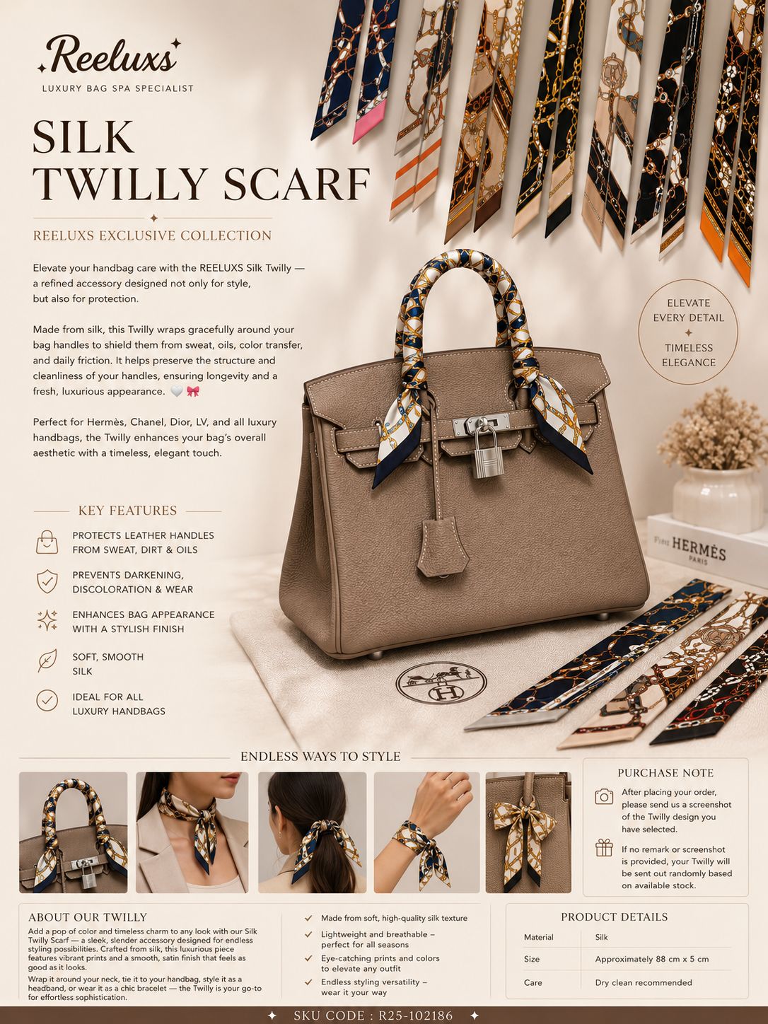 REELUXS Silk Twilly – Versatile Elegance in Every Thread