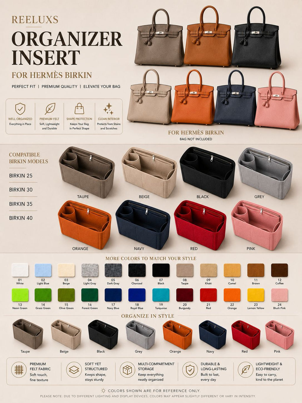 REELUXS Organizer - Hermès Birkin Size Guide