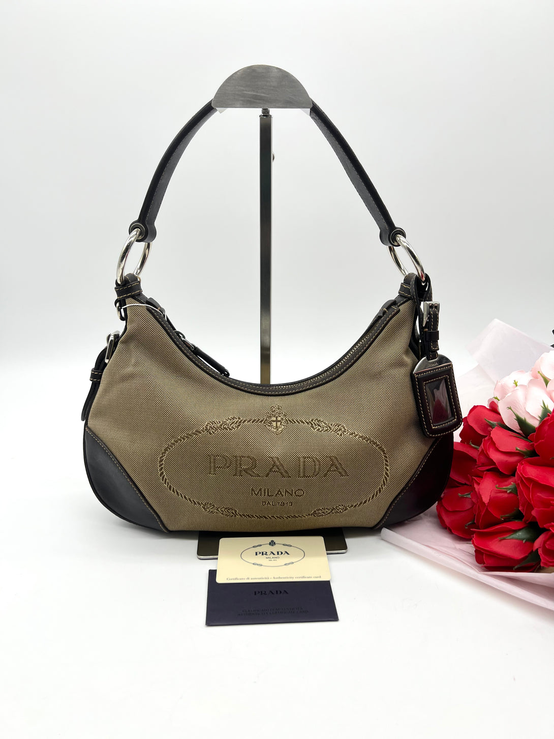 PRADA Tan Logo Jacquard Hobo Bag - Reeluxs 