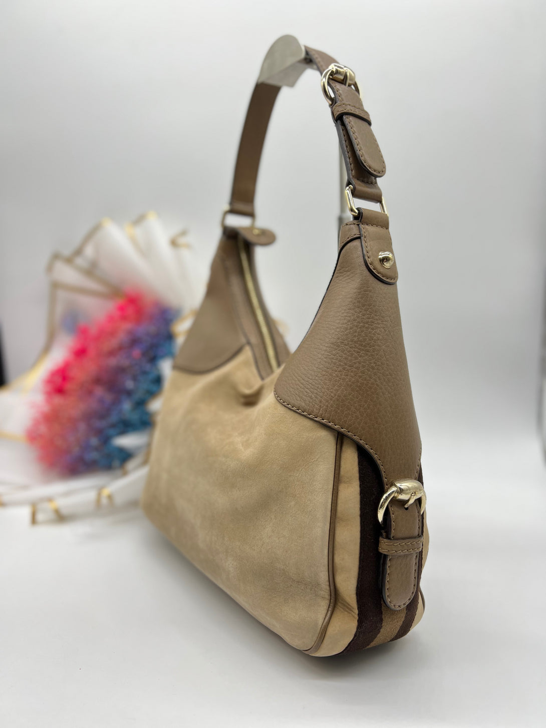 GUCCI Beige/Brown Leather Medium Web Horsebit Heritage Hobo - Reeluxs 