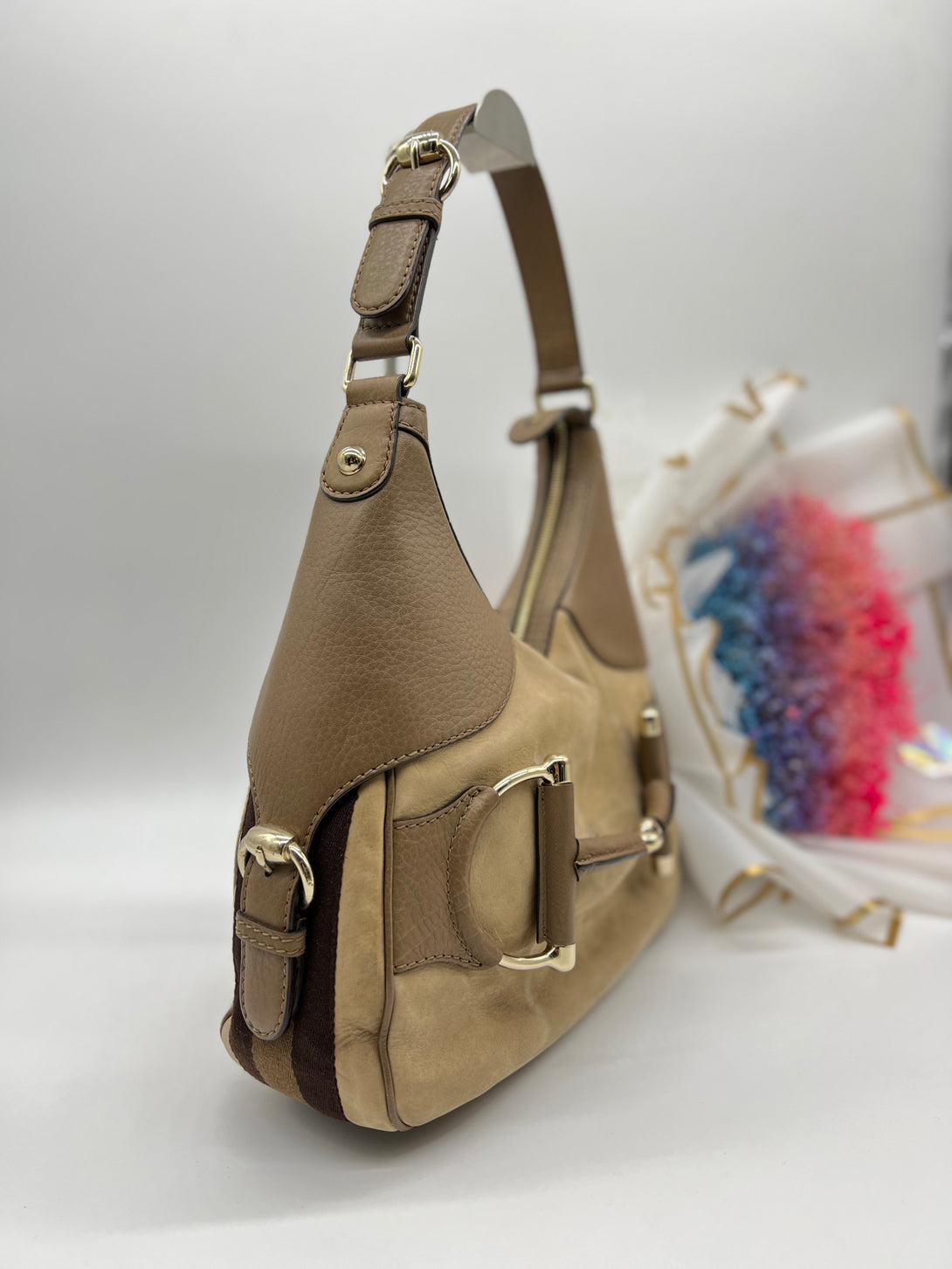 GUCCI Beige/Brown Leather Medium Web Horsebit Heritage Hobo - Reeluxs 