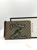GG Supreme Monogram Blind for Love Embroidered Large Zip Pouch Brown - Reeluxs 