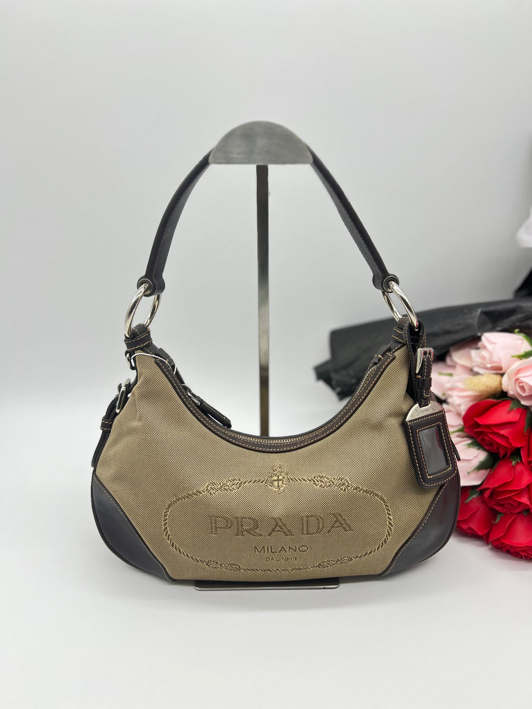 PRADA Tan Logo Jacquard Hobo Bag - Reeluxs 