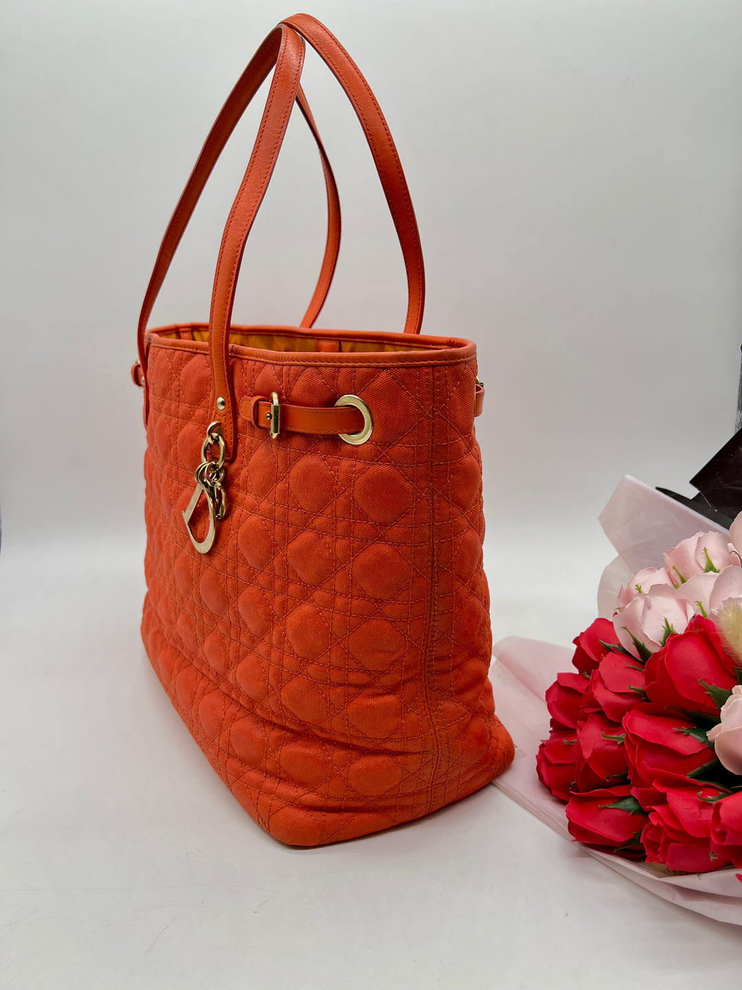 CHRISTIAN DIOR Lady Dior Canage Tote Bag Orange