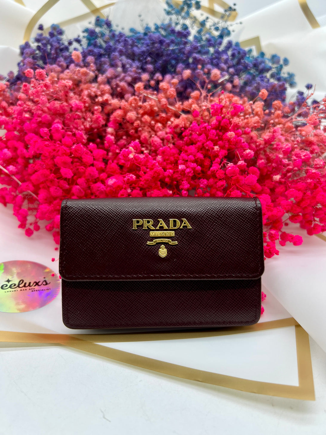 Prada Burgundy Saffiano Lux Card Holder - Reeluxs 