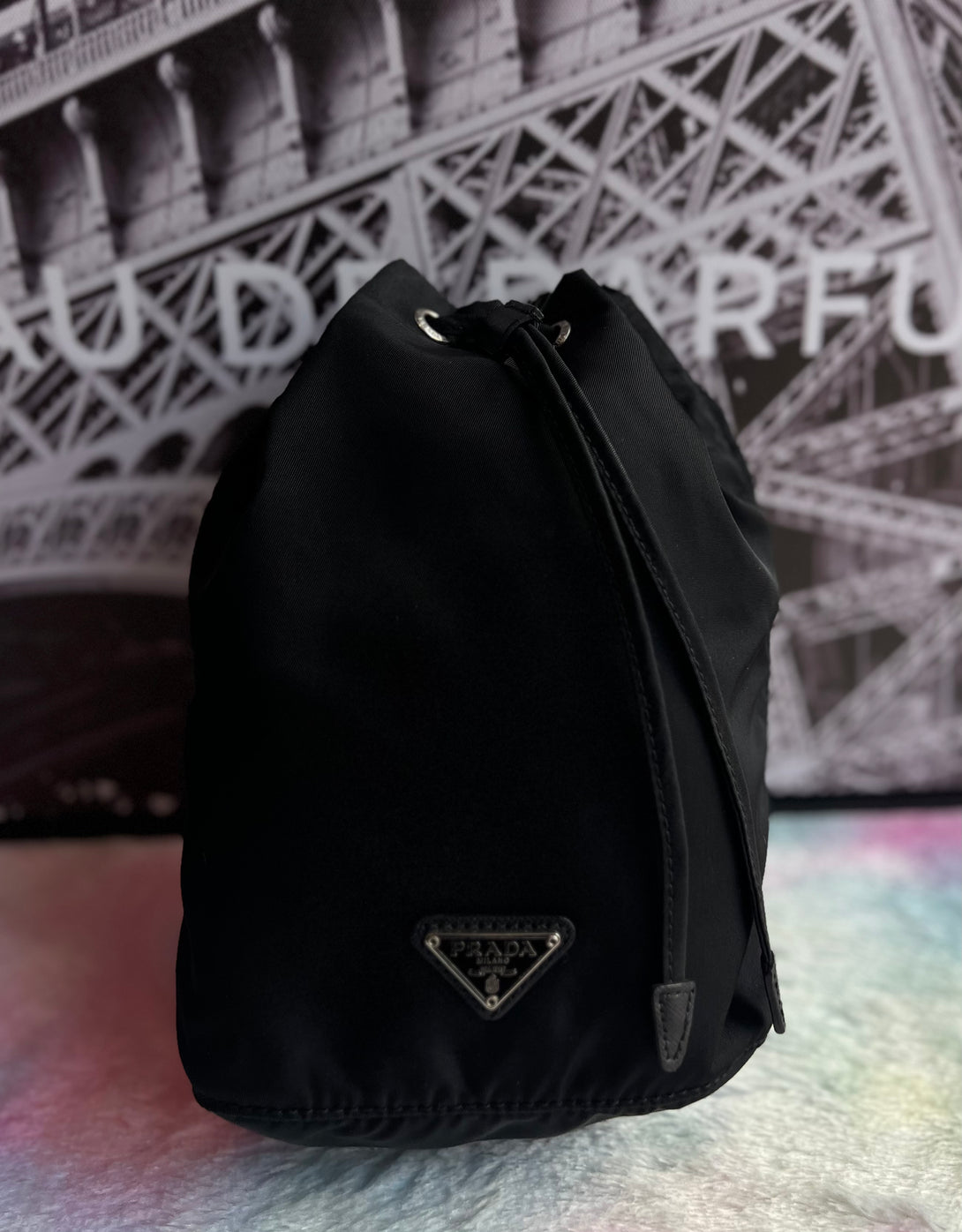 Prada Black Tessuto Nylon Triangle Logo Drawstring Bucket Bag - Reeluxs 