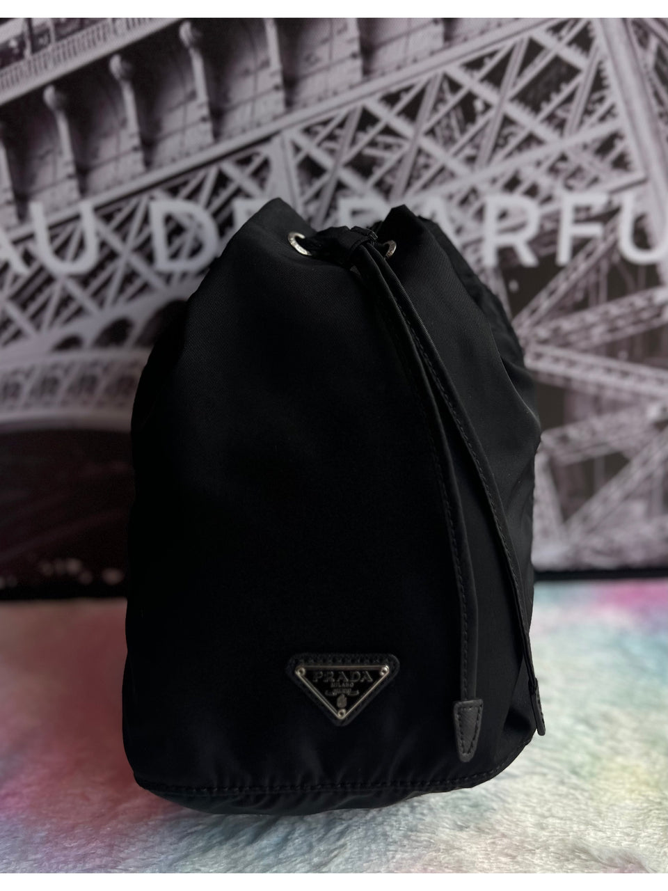 Prada Black Tessuto Nylon Triangle Logo Drawstring Bucket Bag - Reeluxs 