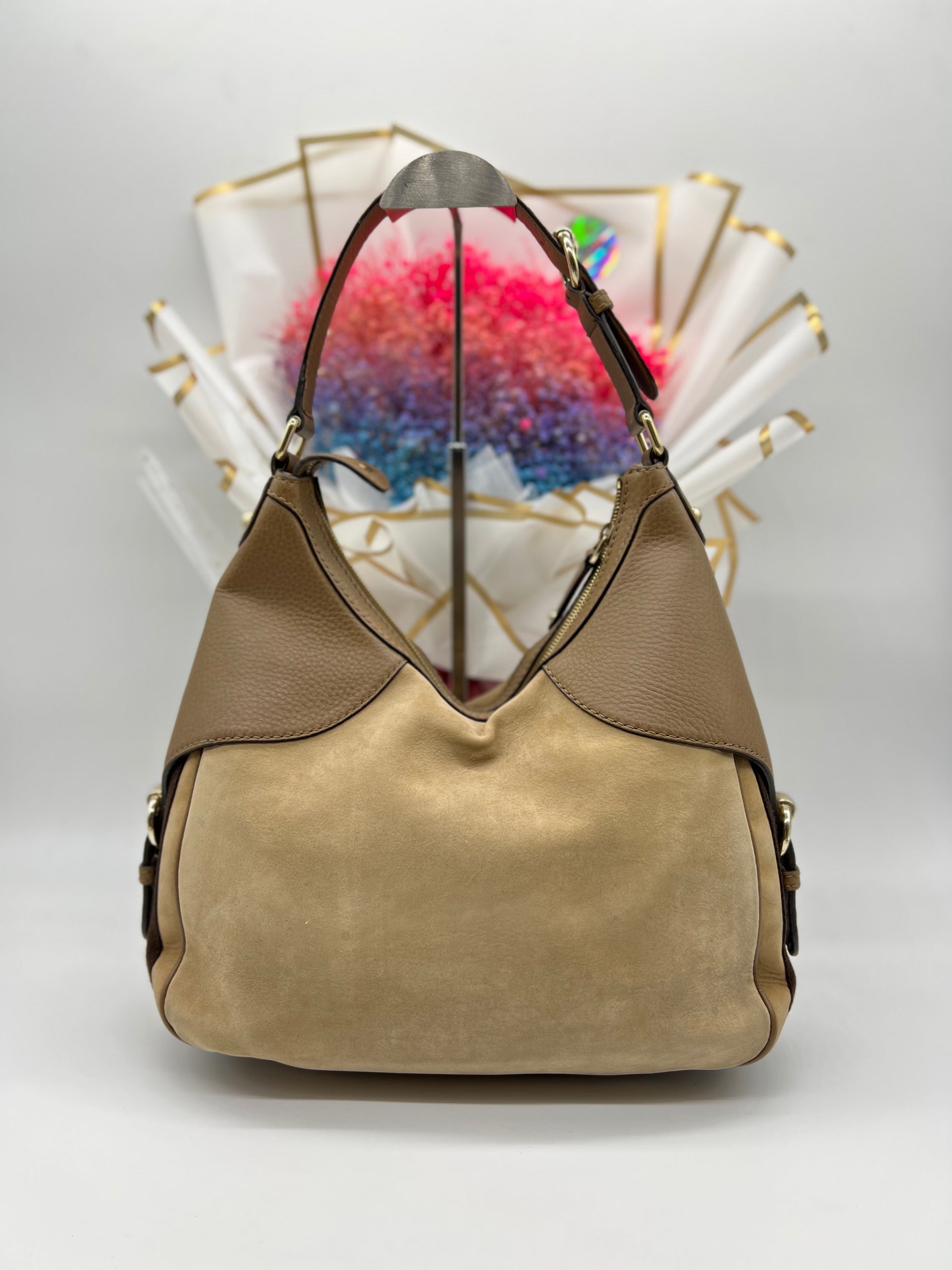 GUCCI Beige/Brown Leather Medium Web Horsebit Heritage Hobo - Reeluxs 