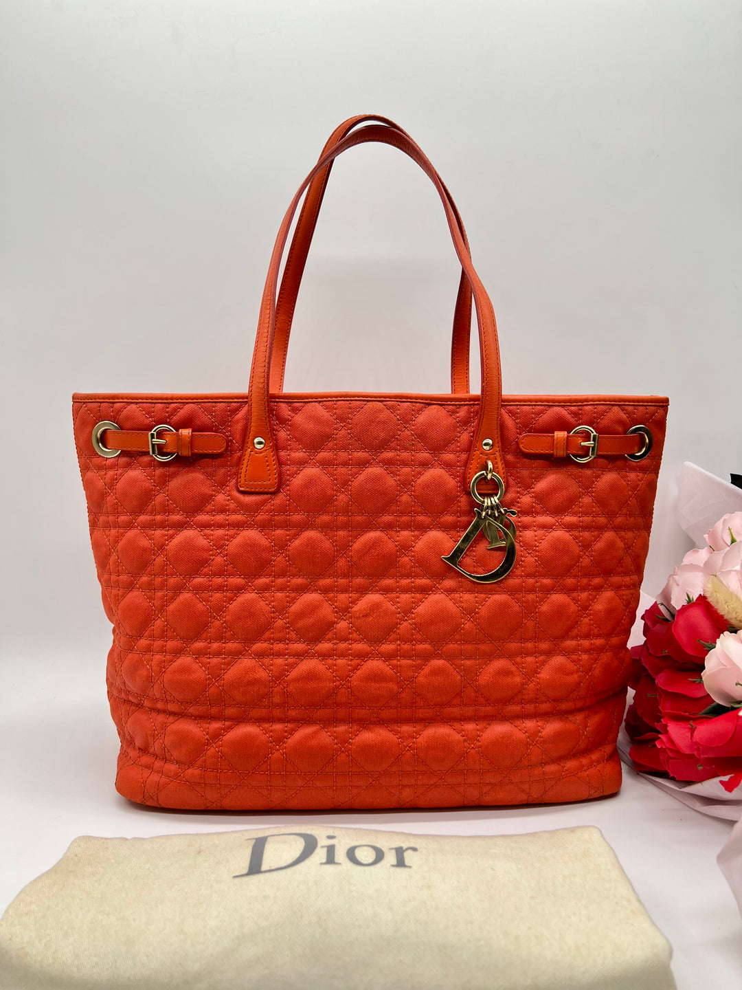 CHRISTIAN DIOR Lady Dior Canage Tote Bag Orange