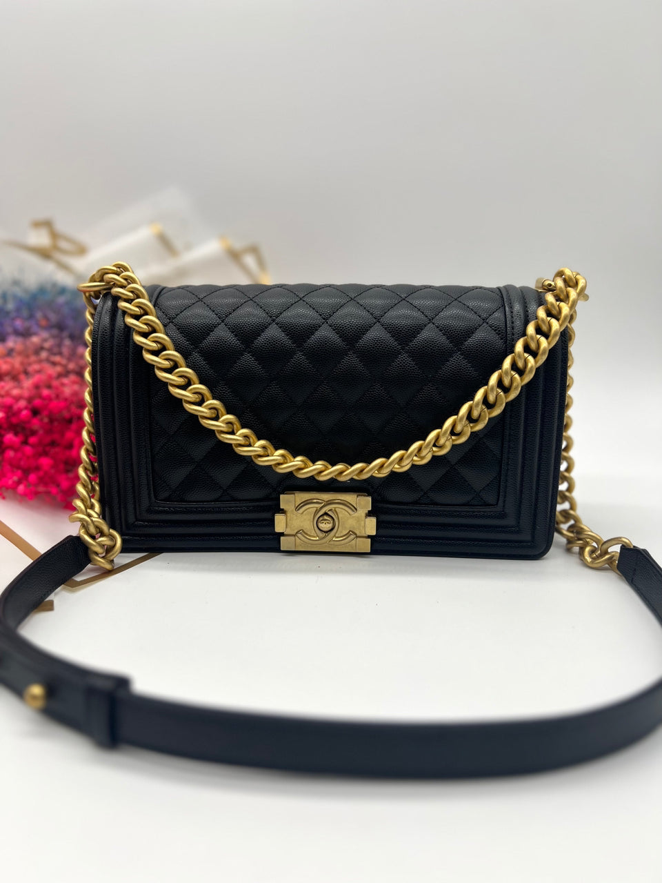 Chanel Black Quilted Caviar Medium Boy Bag - Reeluxs 