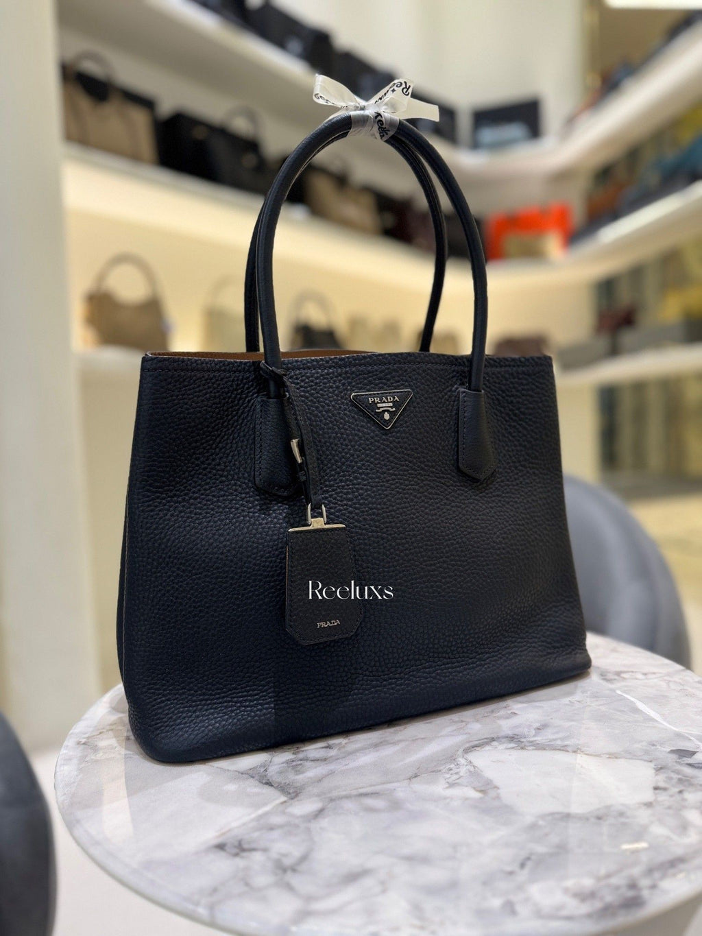 PRADA Black Vitello Daino Leather Double Handle Tote Bag