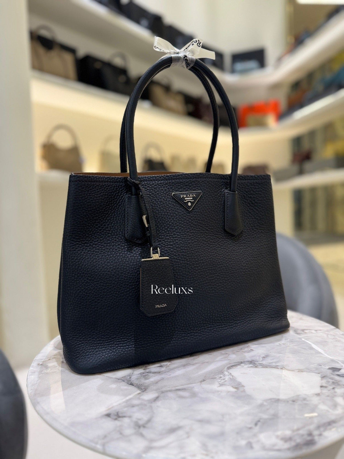 PRADA Black Vitello Daino Leather Double Handle Tote Bag