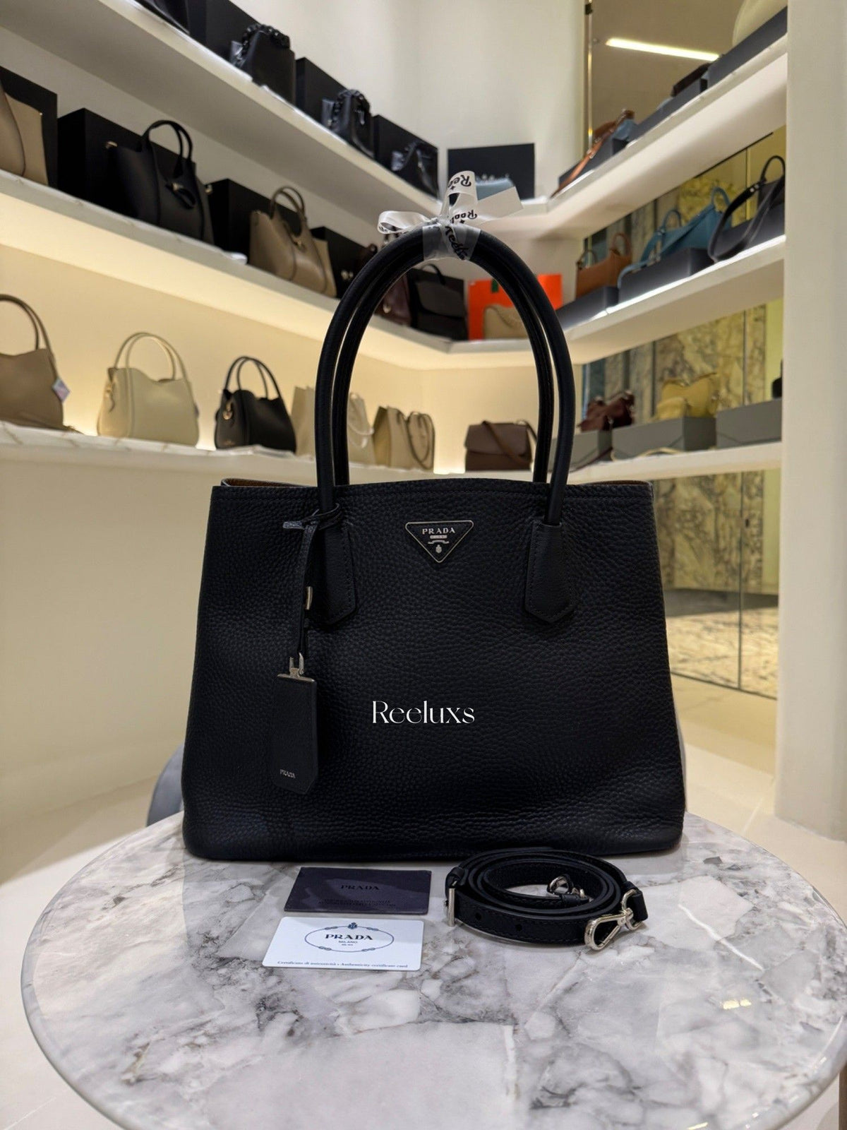 PRADA Black Vitello Daino Leather Double Handle Tote Bag