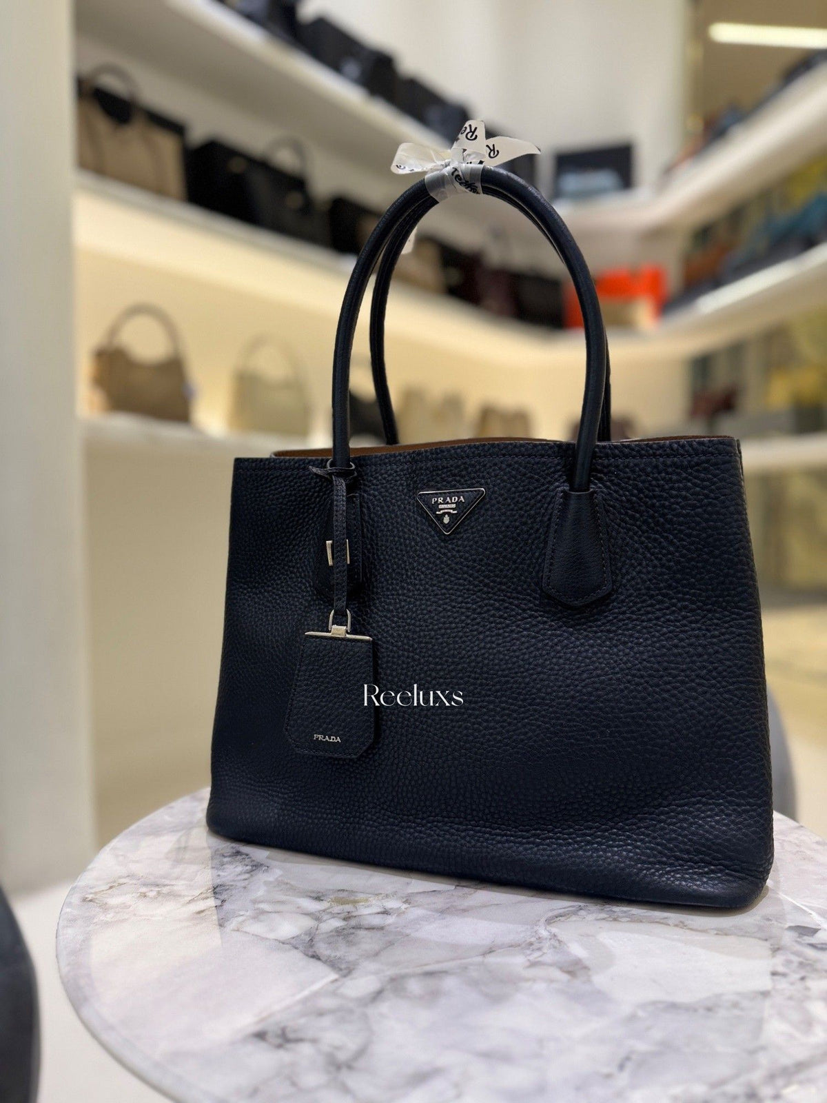 PRADA Black Vitello Daino Leather Double Handle Tote Bag