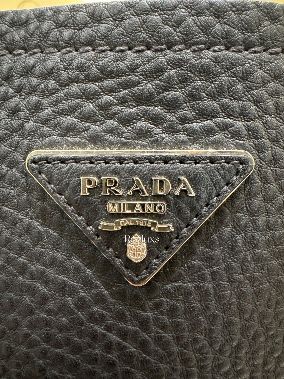 PRADA Black Vitello Daino Leather Double Handle Tote Bag