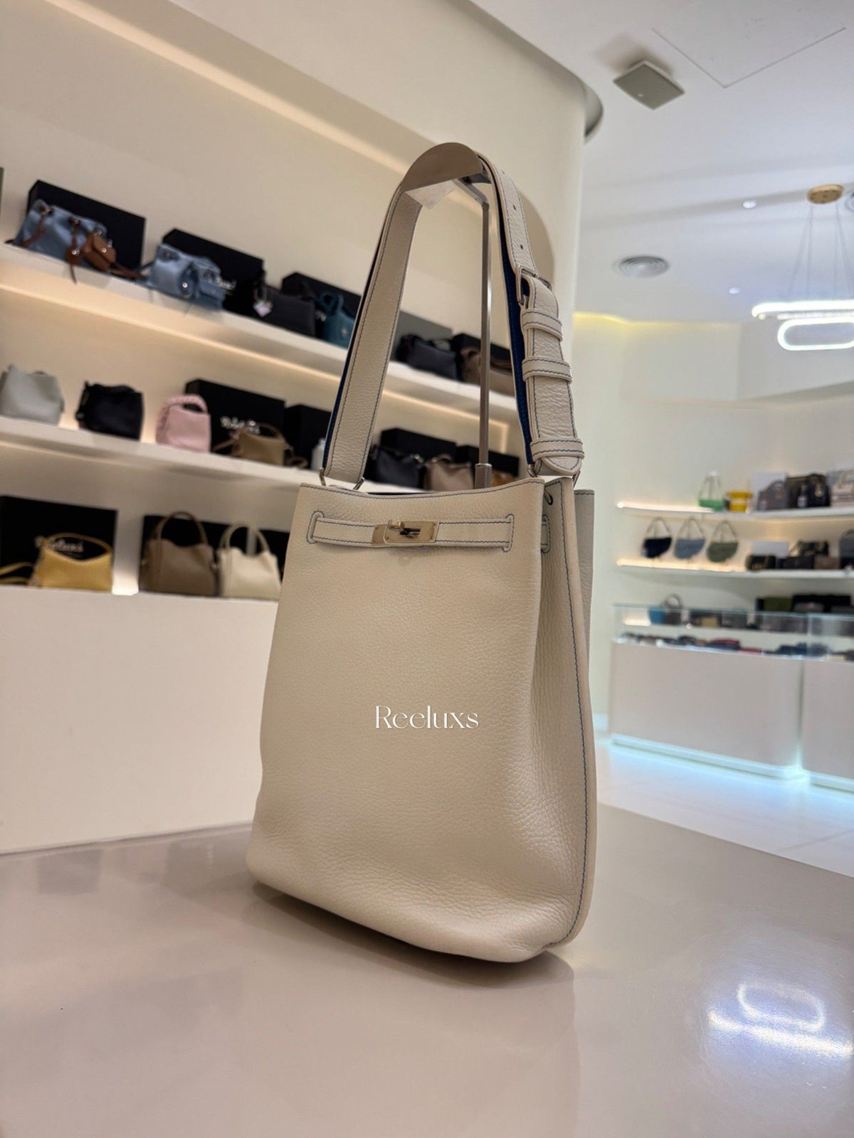 HERMES A Limited Edition White & Mykonos Clémence Leather So Kelly Éclat 26 With Palladium Hardware