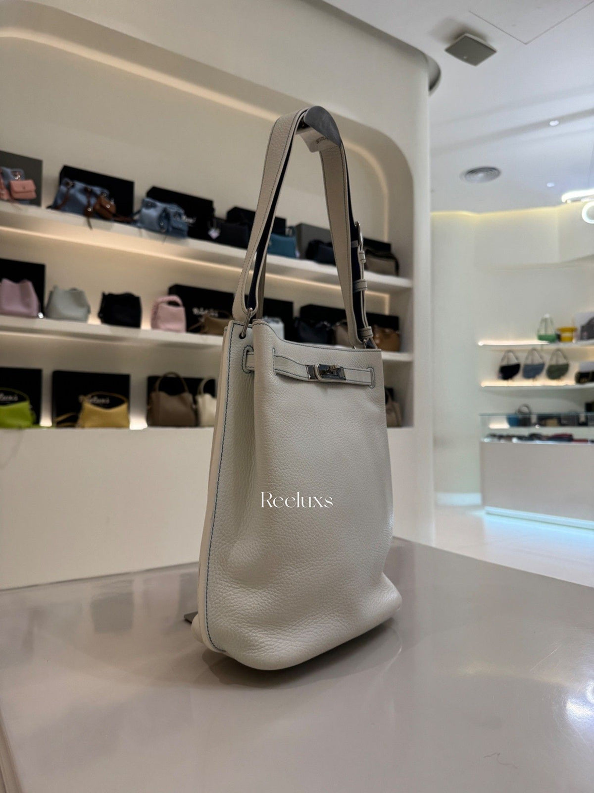 HERMES A Limited Edition White & Mykonos Clémence Leather So Kelly Éclat 26 With Palladium Hardware