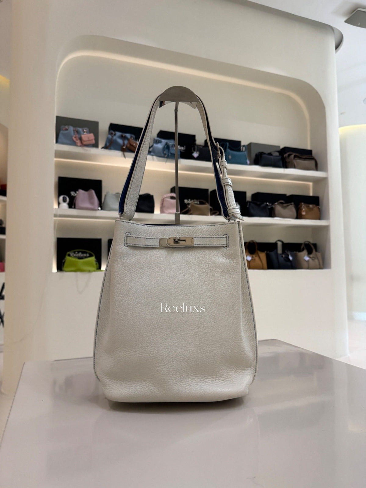 HERMES A Limited Edition White & Mykonos Clémence Leather So Kelly Éclat 26 With Palladium Hardware