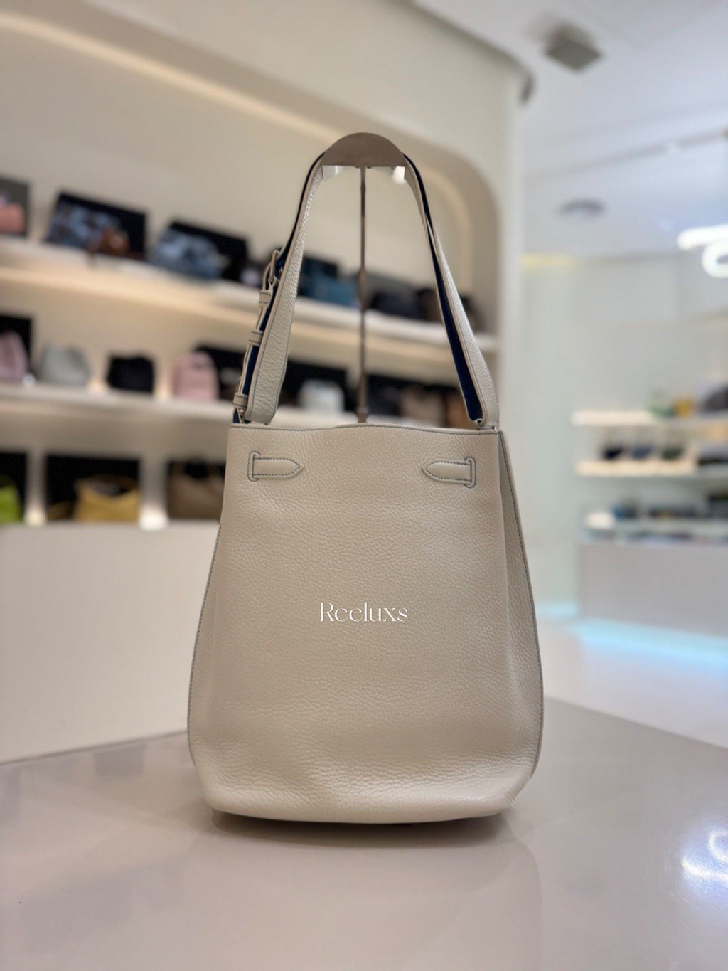 HERMES A Limited Edition White & Mykonos Clémence Leather So Kelly Éclat 26 With Palladium Hardware