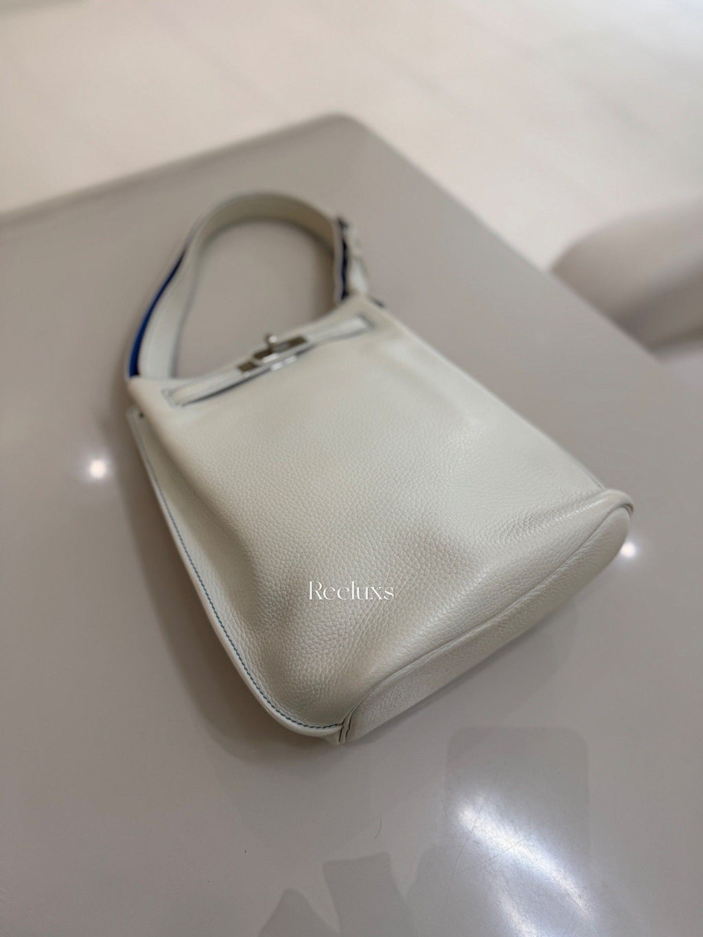 HERMES A Limited Edition White & Mykonos Clémence Leather So Kelly Éclat 26 With Palladium Hardware