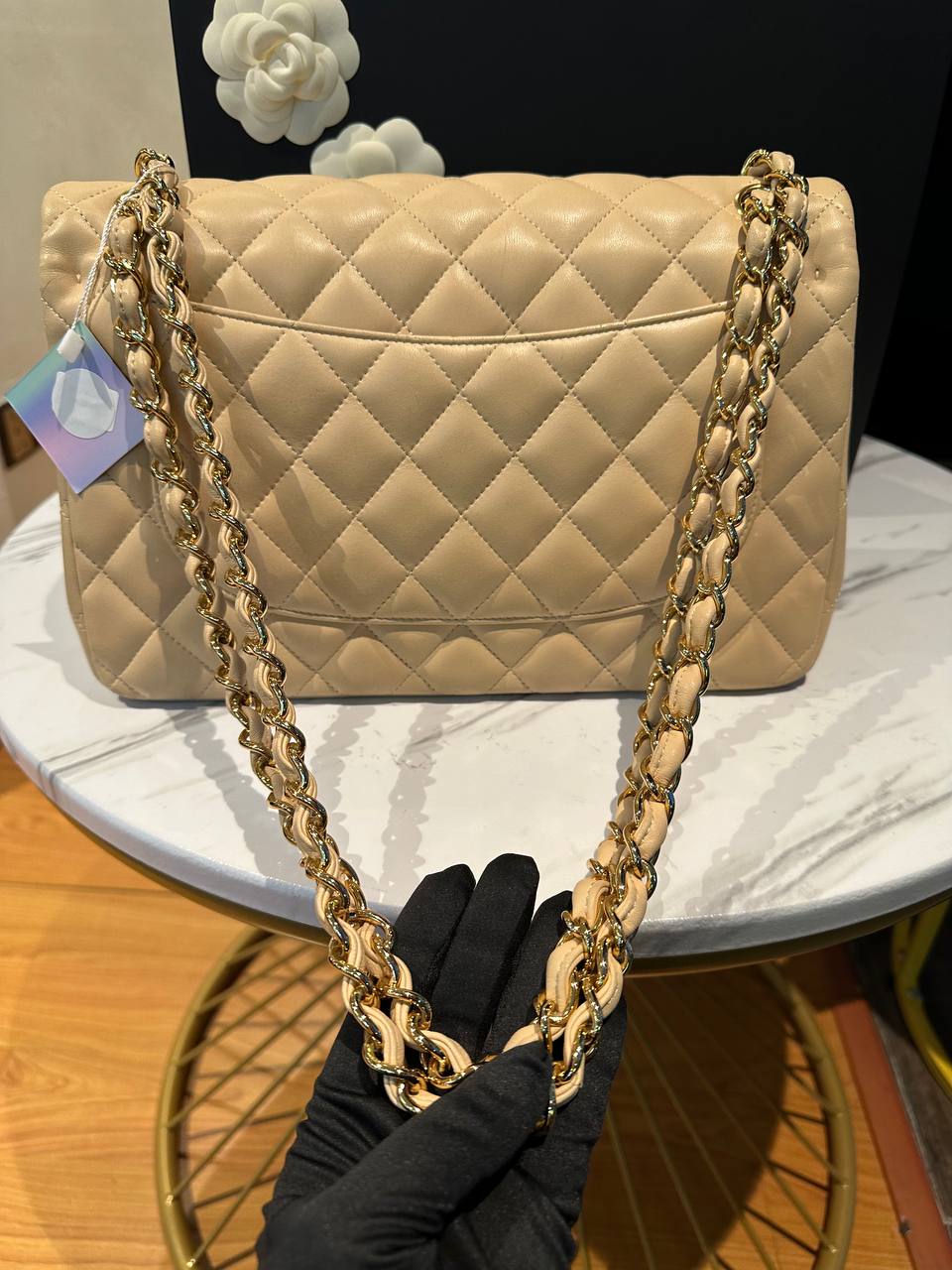 CHANEL Caviar Classic Jumbo Double Flap Beige Lambskin - Reeluxs 