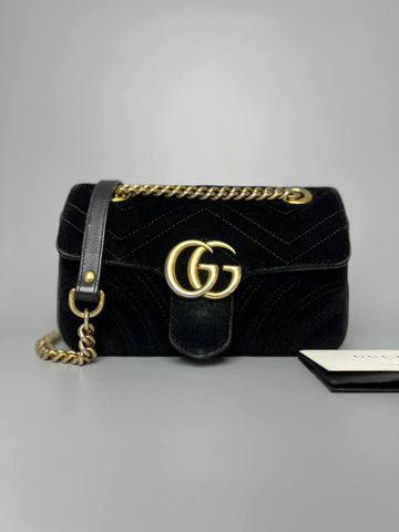 GUCCI Black GG Marmont Velvet Medium Lady Crossbody Bag