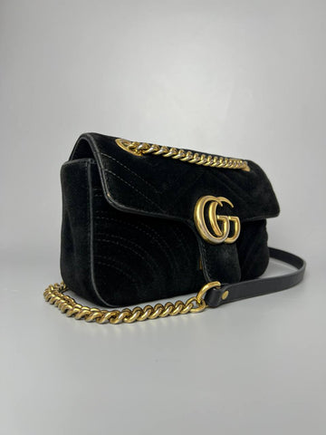 GUCCI Black GG Marmont Velvet Medium Lady Crossbody Bag