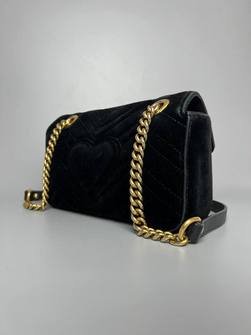 GUCCI Black GG Marmont Velvet Medium Lady Crossbody Bag