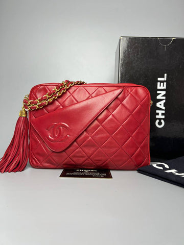 CHANEL Matelasse Fringe Lambskin Red Color Leather With GHW For Lady