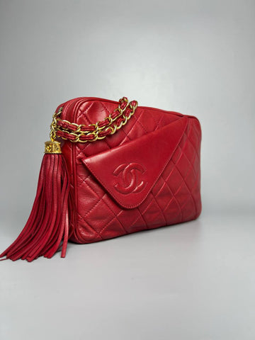 CHANEL Matelasse Fringe Lambskin Red Color Leather With GHW For Lady