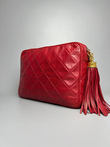 CHANEL Matelasse Fringe Lambskin Red Color Leather With GHW For Lady