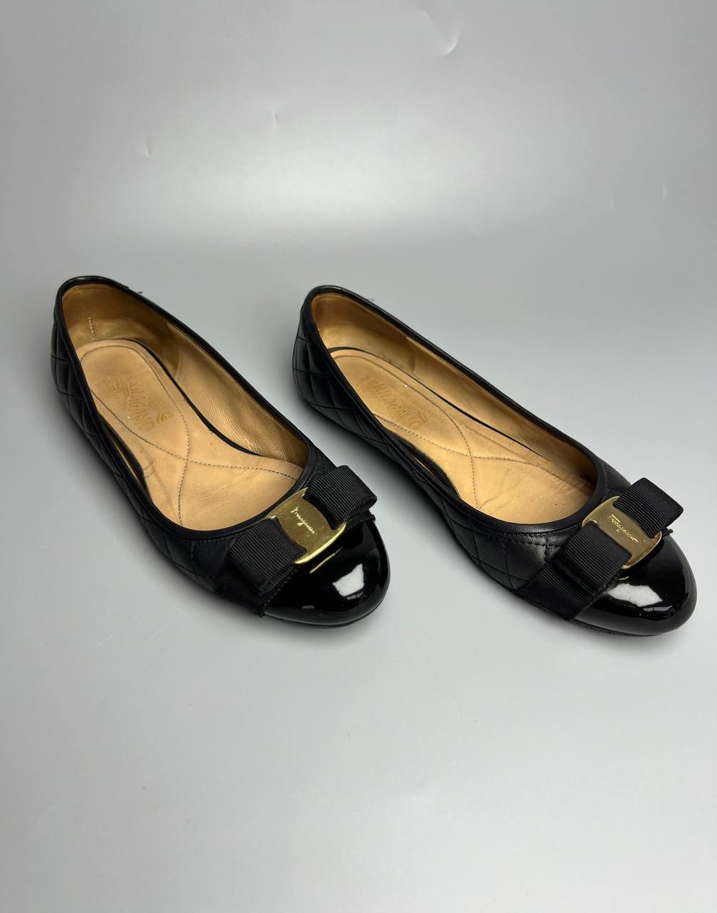 FERRAGAMO Black Quilted Leather Rufina Flats For Lady Shoes Size 7