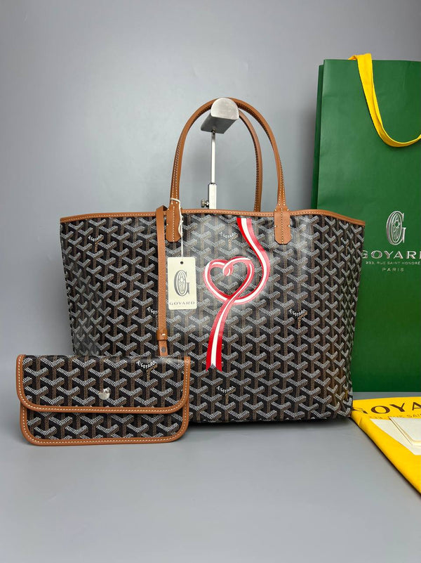 GOYARD Brown Goyardine Coated Canvas and Leather Printed Saint Louis PM Tote For Women