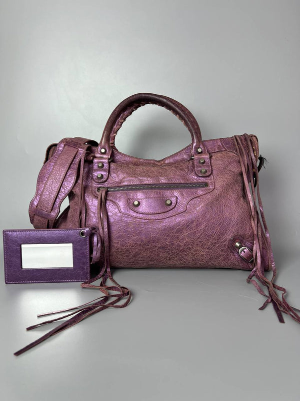 BALENCIAGA Agneau Classic Hardware City Metallic Purple Hand And Shoulder Bag For Women