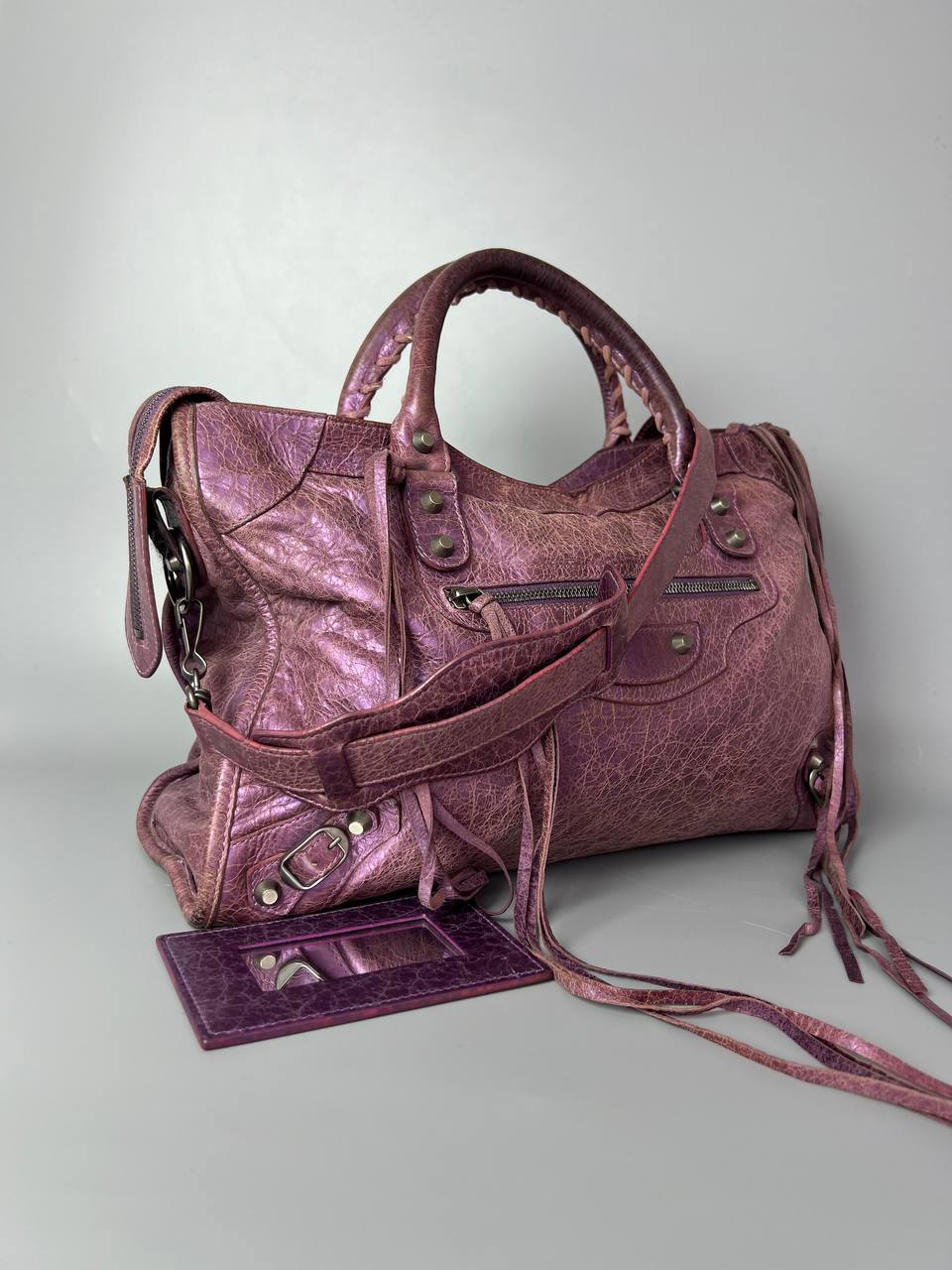 BALENCIAGA Agneau Classic Hardware City Metallic Purple Hand And Shoulder Bag For Women