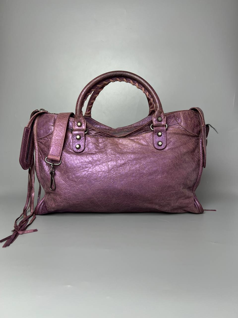 BALENCIAGA Agneau Classic Hardware City Metallic Purple Hand And Shoulder Bag For Women