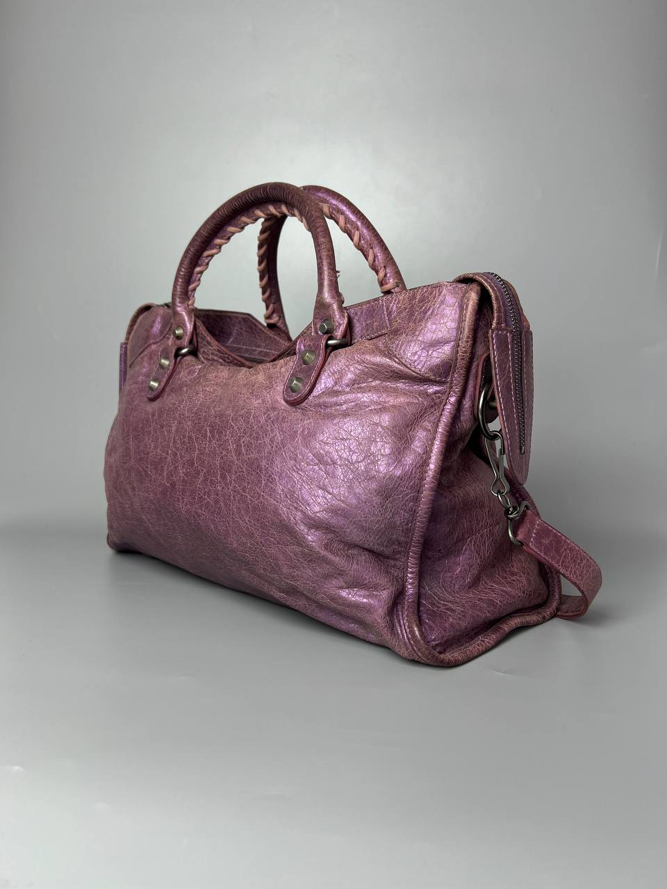 BALENCIAGA Agneau Classic Hardware City Metallic Purple Hand And Shoulder Bag For Women