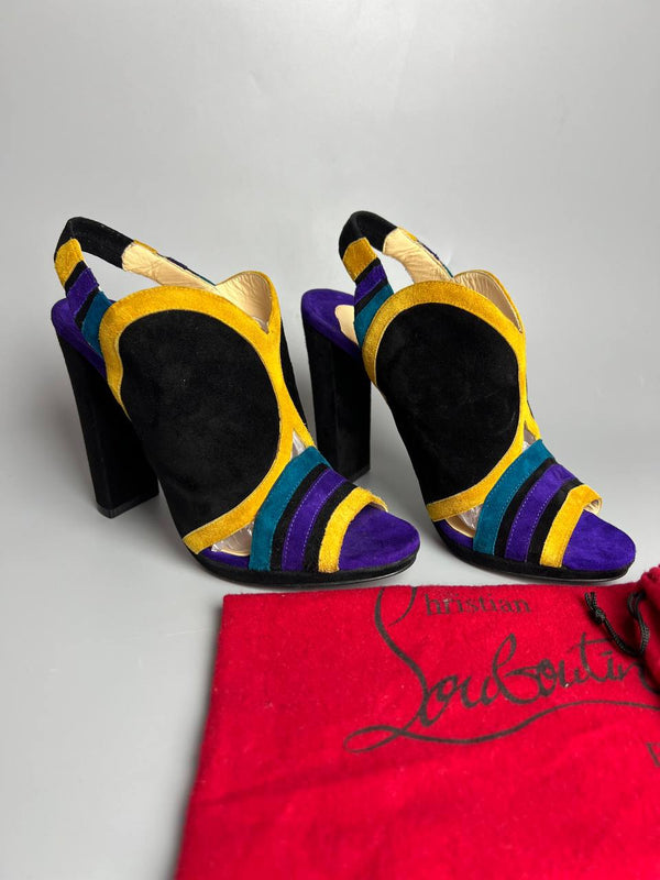 CHRISTIAN LOUBOUTIN Black / Multicolor Peacock Suede Upper Peed Toe For Lady Shoes Size 39 1/2