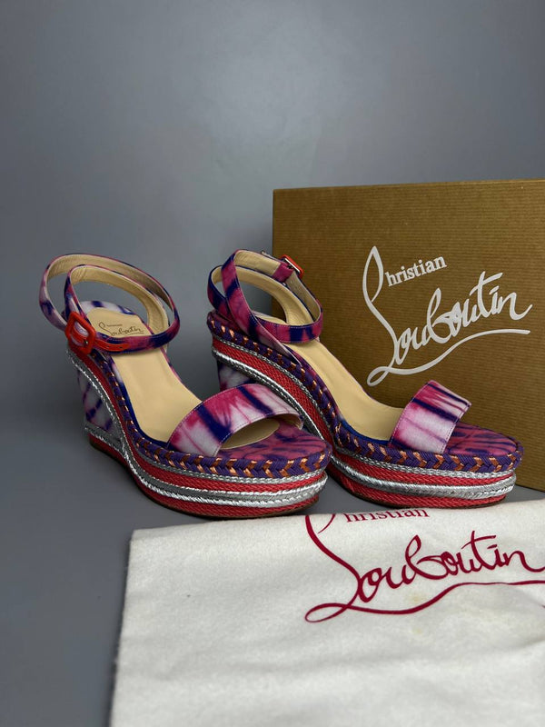 CHRISTIAN LOUBOUTIN Multicolor Fabric Wedge Platform Sandals Size 39