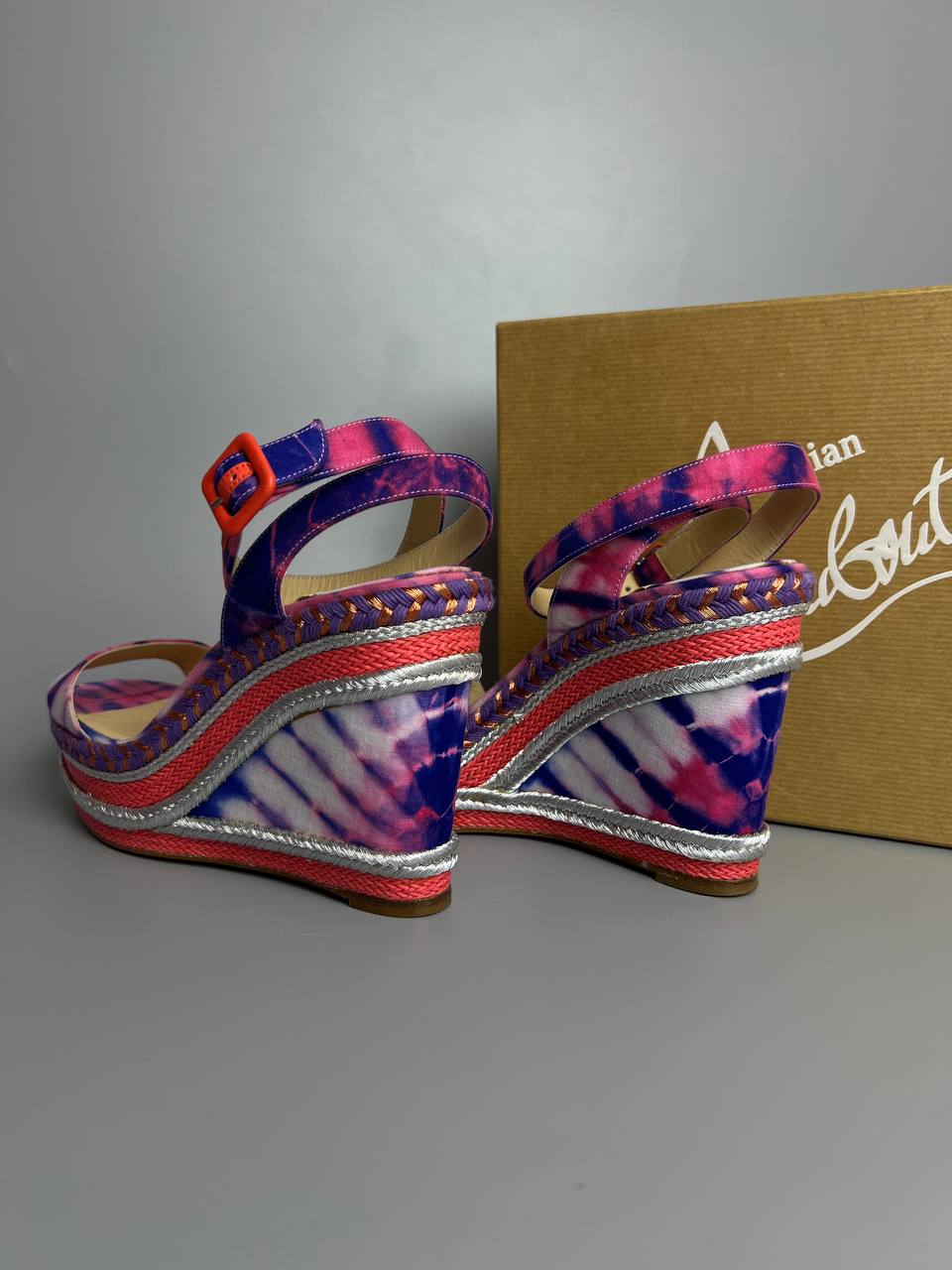 CHRISTIAN LOUBOUTIN Multicolor Fabric Wedge Platform Sandals Size 39