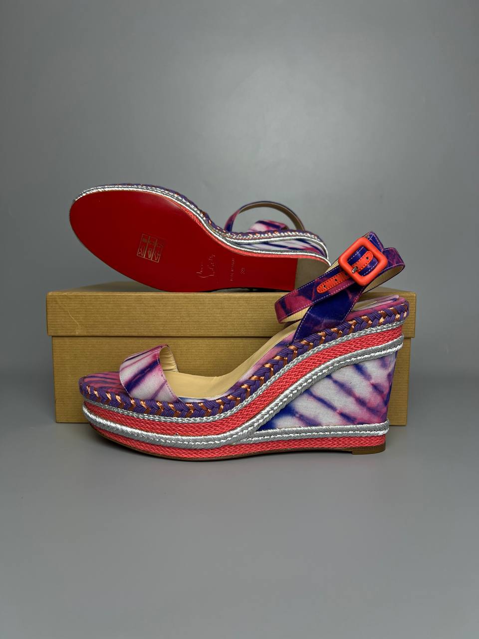 CHRISTIAN LOUBOUTIN Multicolor Fabric Wedge Platform Sandals Size 39