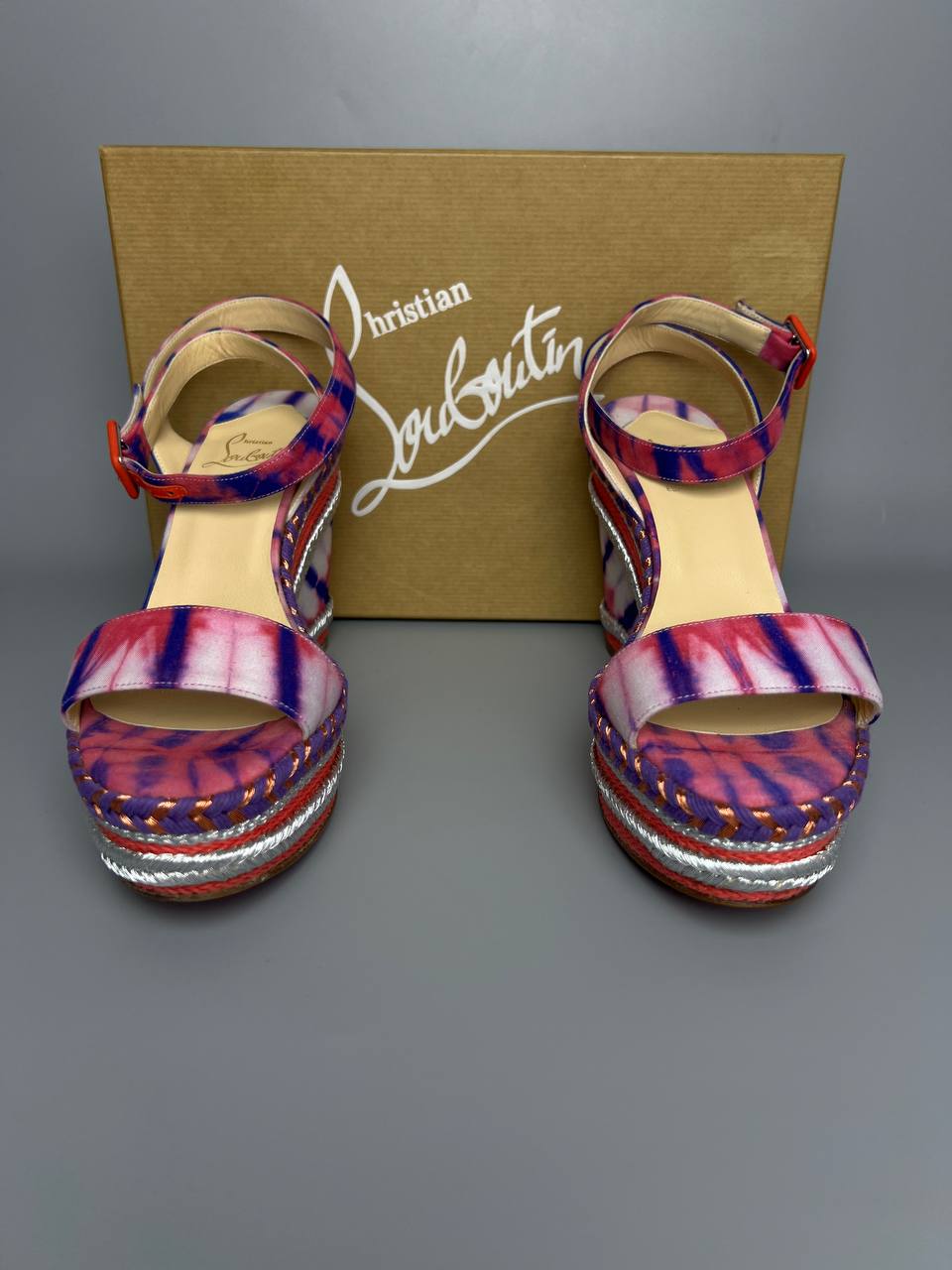 CHRISTIAN LOUBOUTIN Multicolor Fabric Wedge Platform Sandals Size 39