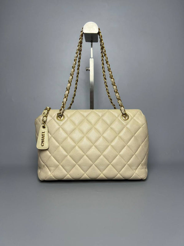 CHANEL Beige Caviar Leather Chain Shoulder Bag For Women