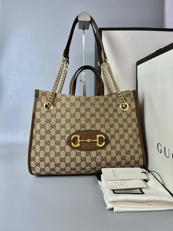 GUCCI Brown GG Canvas And Chain Leather Horsebit Tote Bag For women