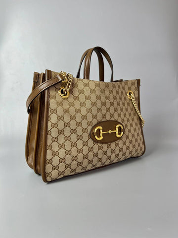 Full Set As New GUCCI Brown GG Canvas And Chain Leather Horsebit Tote Bag For women