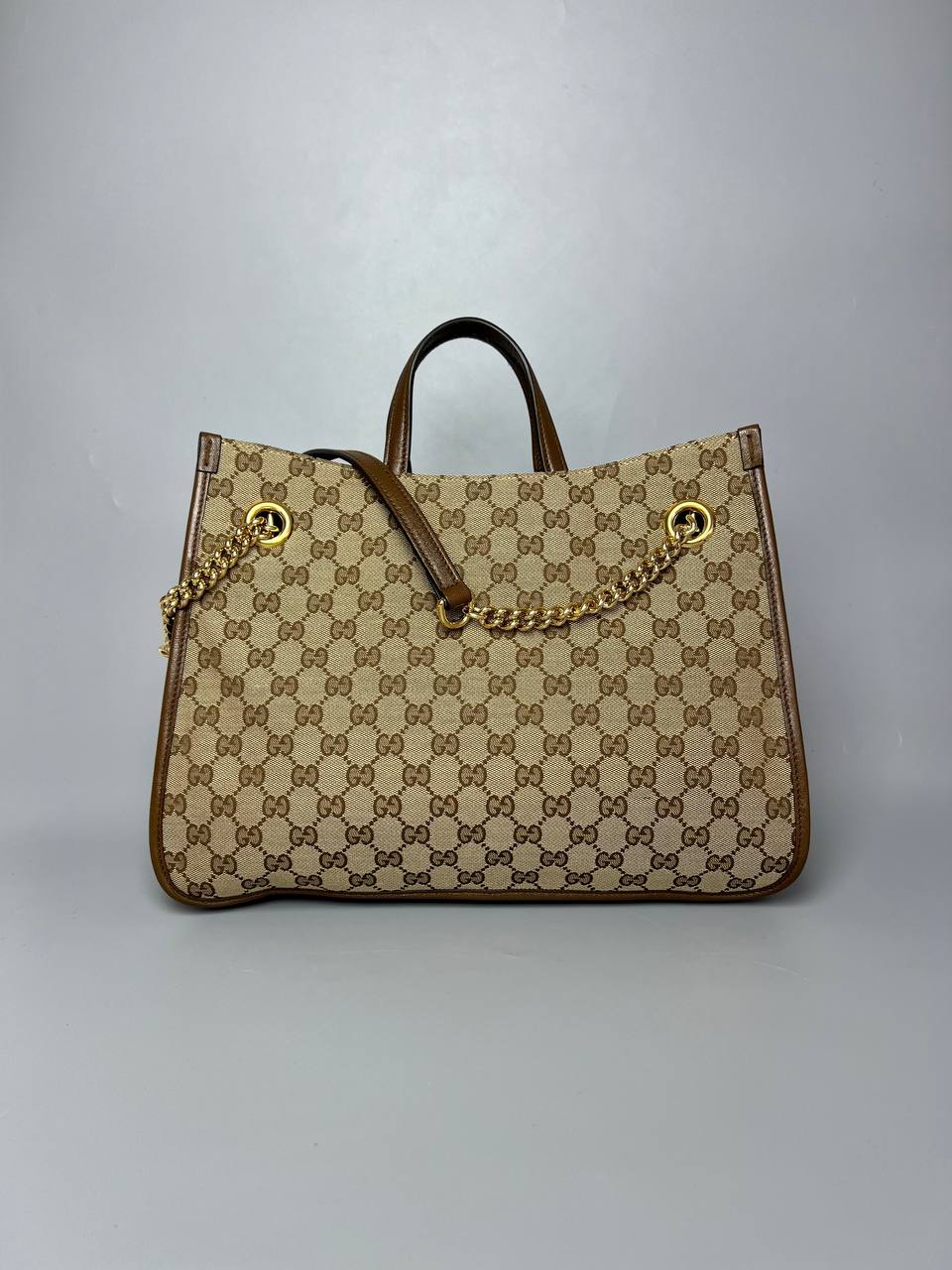 Full Set As New GUCCI Brown GG Canvas And Chain Leather Horsebit Tote Bag For women